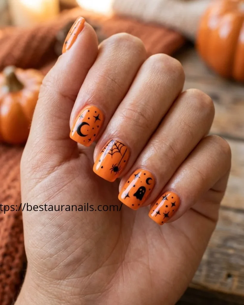 Short Halloween nails with fine-line spiderwebs 