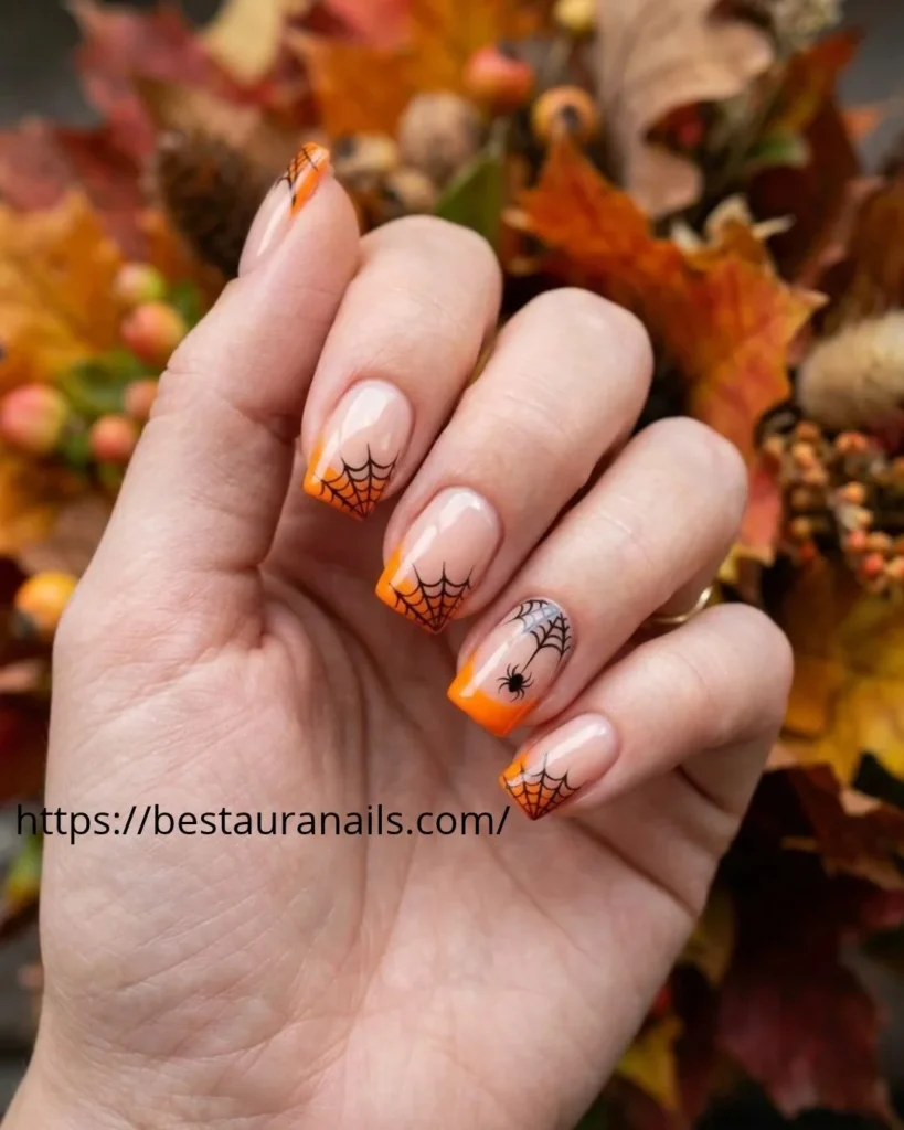 Halloween French nails for short nails with spiderweb details 