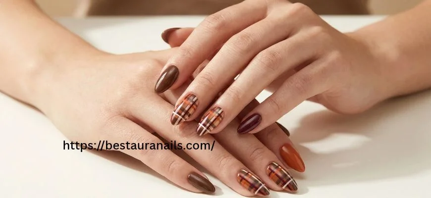 Thanksgiving plaid nails in warm brown and cream colors