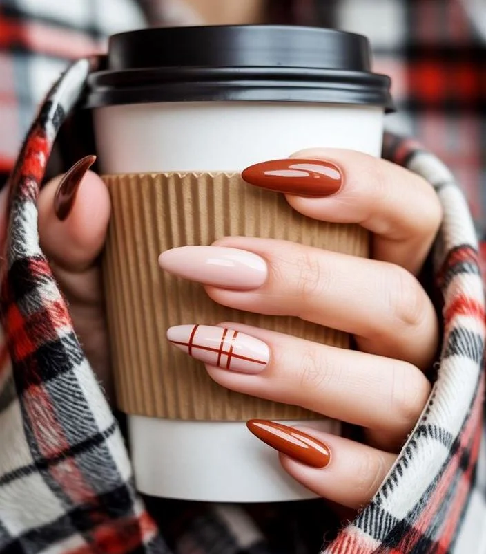 Gingham nail design in cream and muted orange