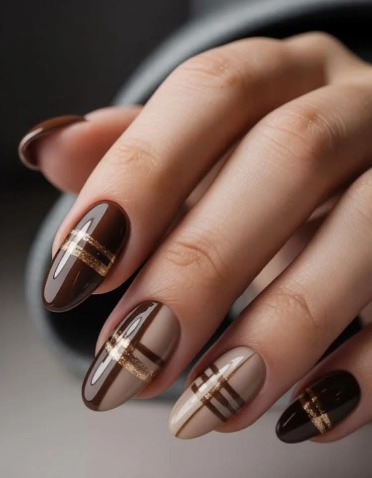 Stylish plaid nails for Thanksgiving with fine intersecting lines