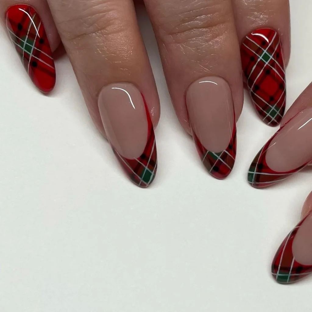 Thanksgiving French tips with plaid pattern in green and red colors