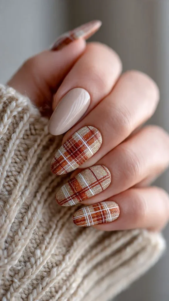 Fall plaid nails with chocolate brown and caramel accents