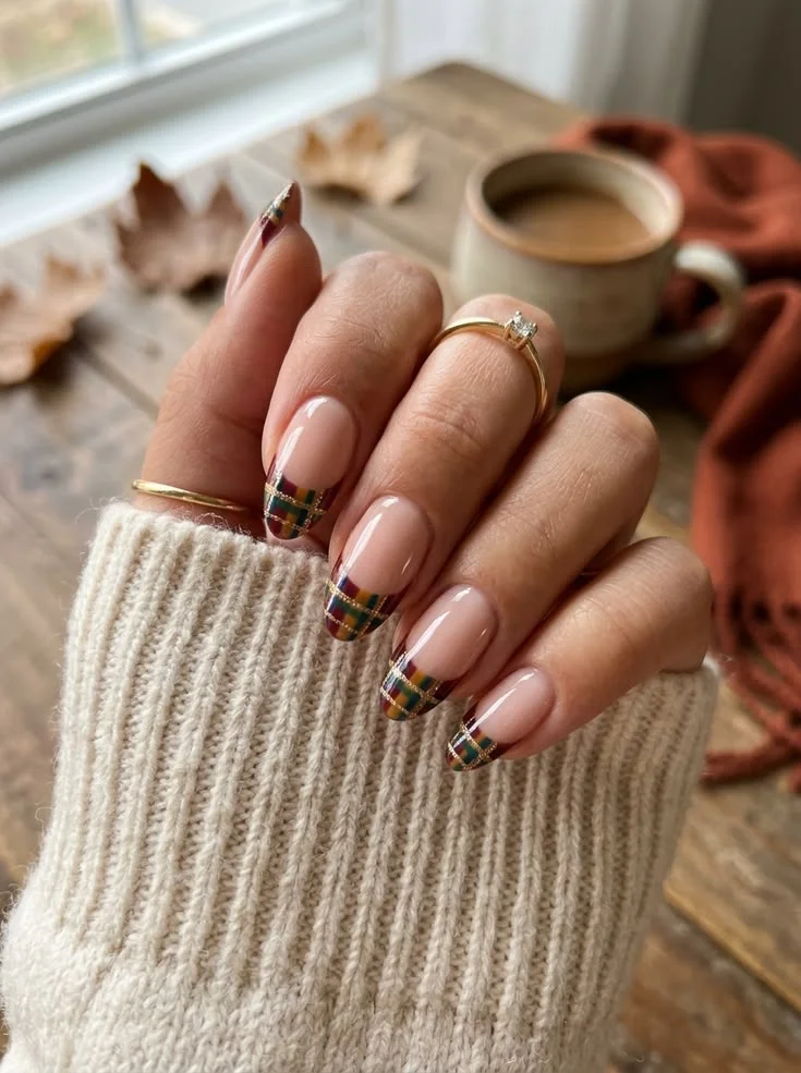 Thanksgiving tartan nails in deep green, burgundy, and gold