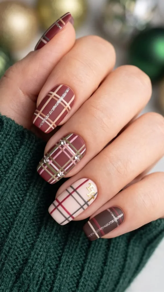 Plaid nail ideas for Thanksgiving in classic autumn shades