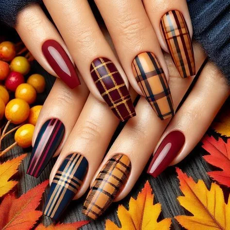 Thanksgiving nails with a classic brown and burgundy plaid pattern