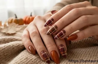 Thanksgiving plaid nails on almond shape is a classic already