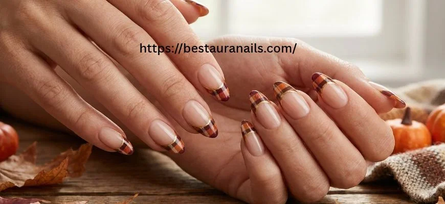 Thanksgiving plaid French tips over a sheer pink base