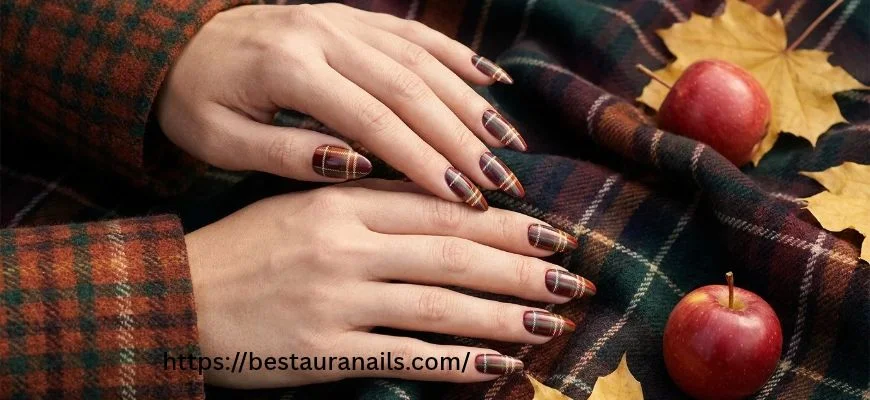 Thanksgiving plaid nail designs with burnt orange and burgundy