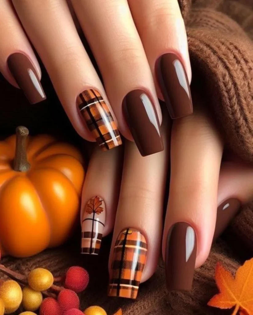 Thanksgiving nails with plaid patterns and tiny leaf